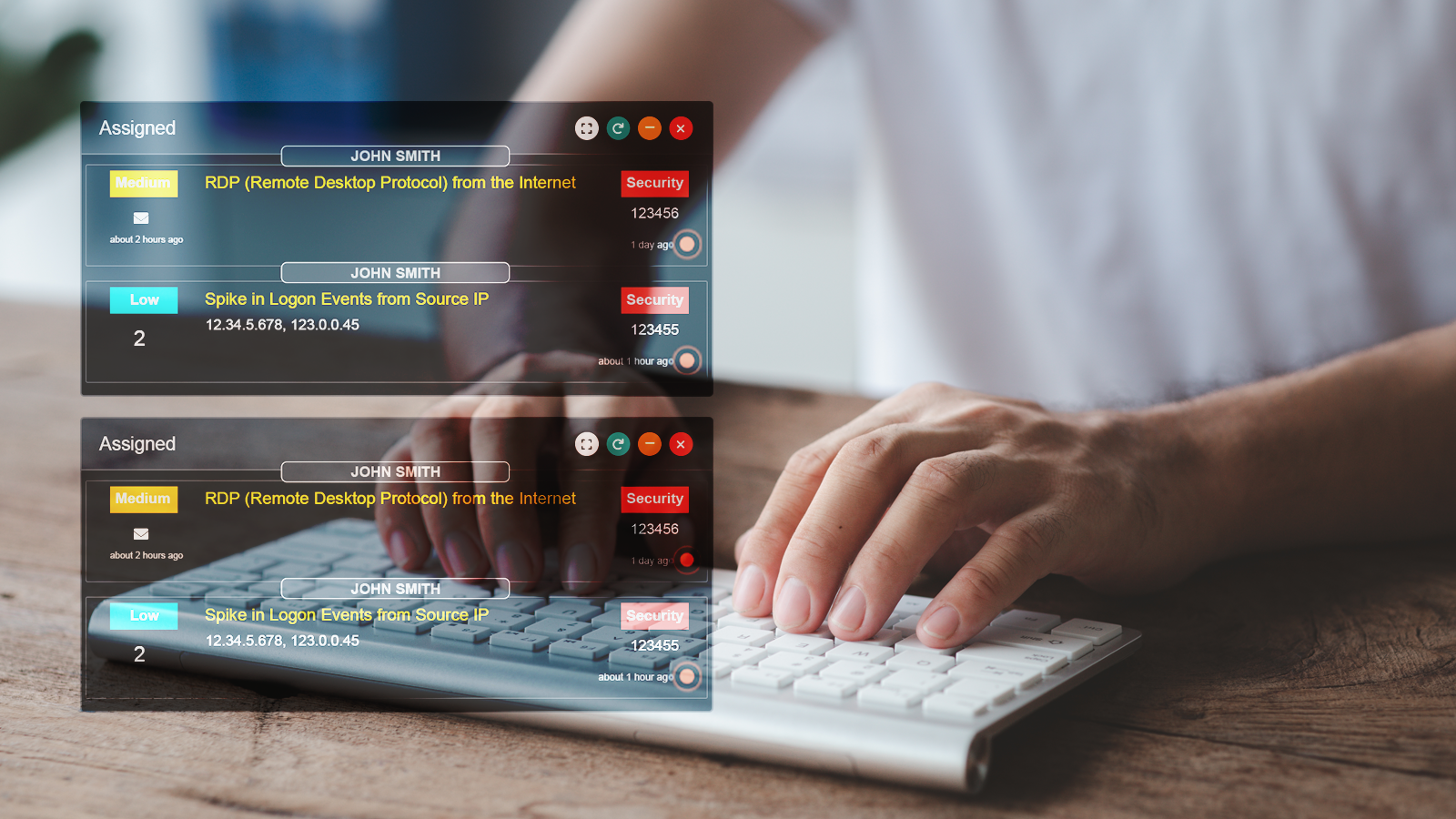 Graphic with man typing on a keyboard with snippets of data overlaying the image. This is showing security events happening by user
